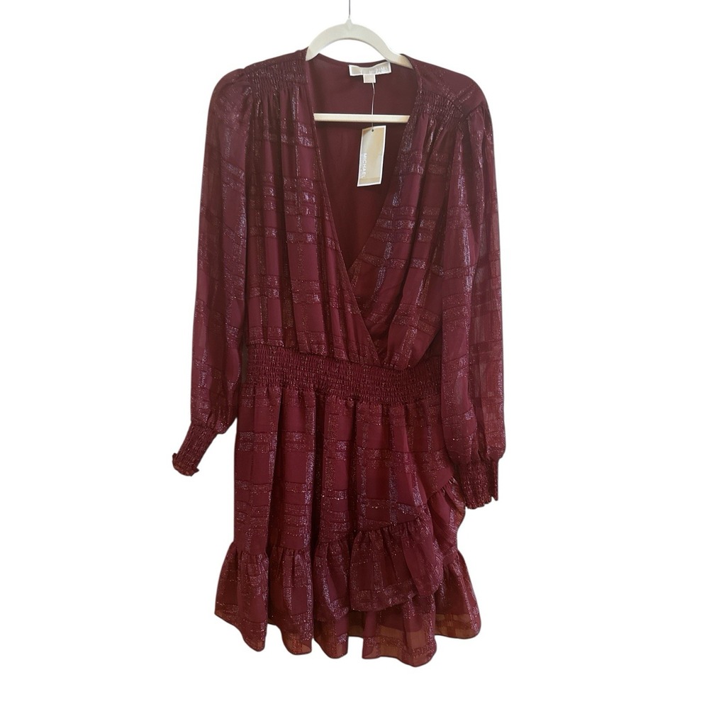 NWT Michael Kors Shiny Plaid‎ Burgundy Mini Dress Size Extra Large Smocked Waist